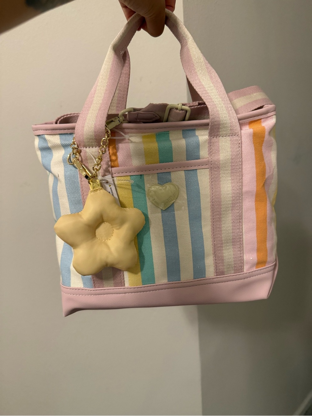 Betsey Johnson Pastel Striped Canvas Tote with Flower Charm - Pink - Picture 3 of 5
